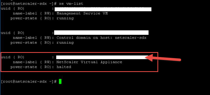 XenServer "xe vm-list" output with a halted NetScaler Virtual Appliance highlighted, its UUID redacted