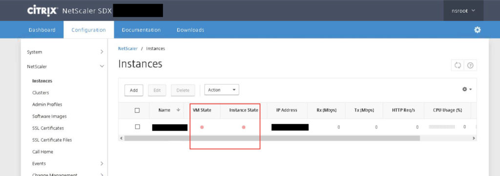 NetScaler SDX Instances page with an orphaned instance whose VM State and Instance State are both red