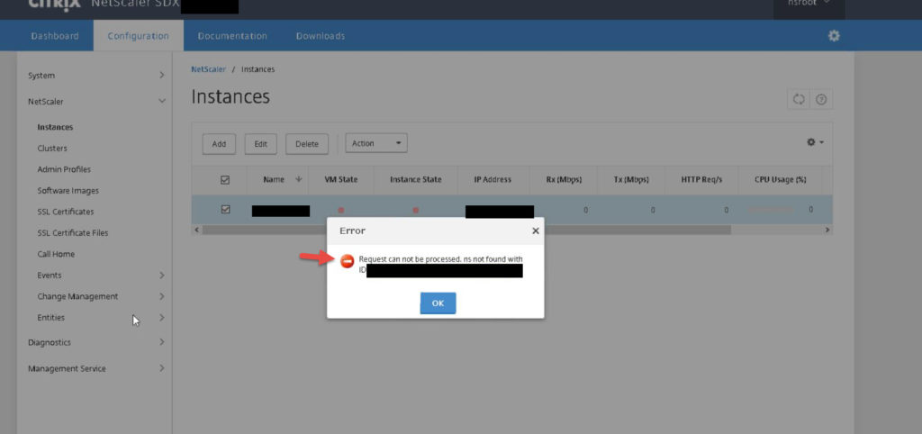 NetScaler SDX error dialog on instance delete: "Request can not be processed. ns not found with ID"