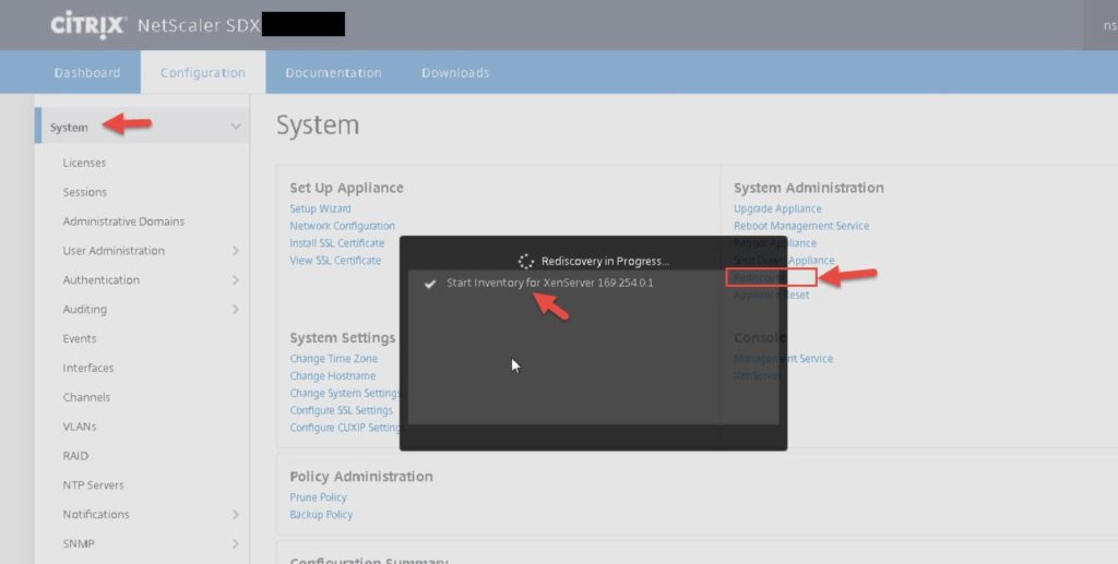 NetScaler SDX System page running Rediscover, with "Start Inventory for XenServer 169.254.0.1" in progress