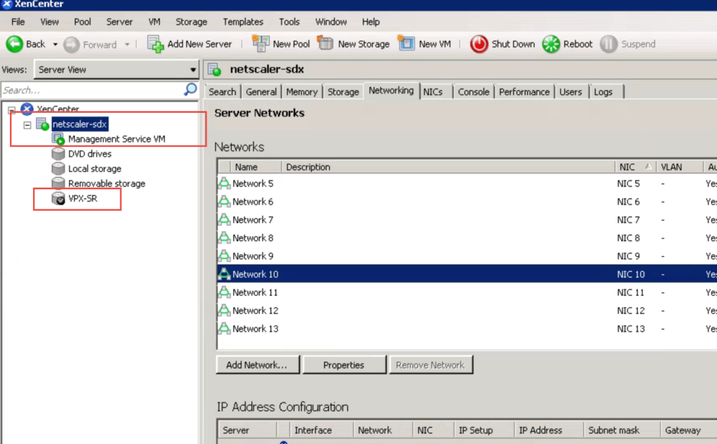 XenCenter connected to netscaler-sdx showing the Management Service VM and the VPX-SR storage repository