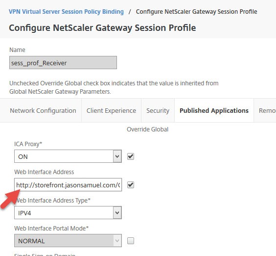 NetScaler Gateway session profile sess_prof_Receiver with ICA Proxy on and the Web Interface Address set to an HTTP StoreFront URL
