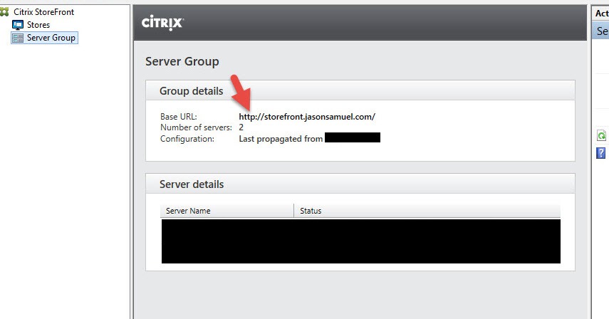 Citrix StoreFront Server Group with the base URL http://storefront.jasonsamuel.com/ and 2 servers