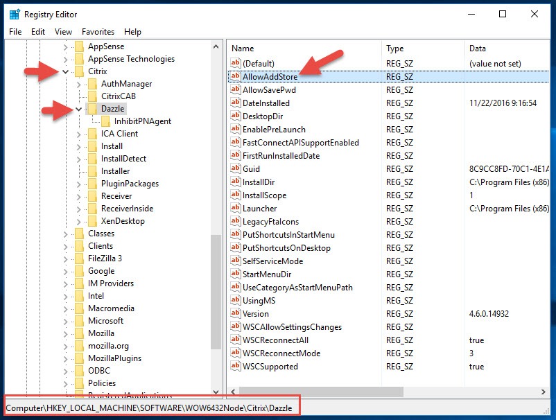 Registry Editor at HKLM\SOFTWARE\WOW6432Node\Citrix\Dazzle with the AllowAddStore value highlighted