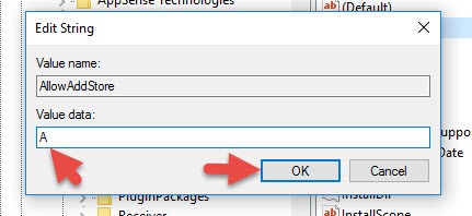 Registry Edit String dialog setting AllowAddStore value data to A