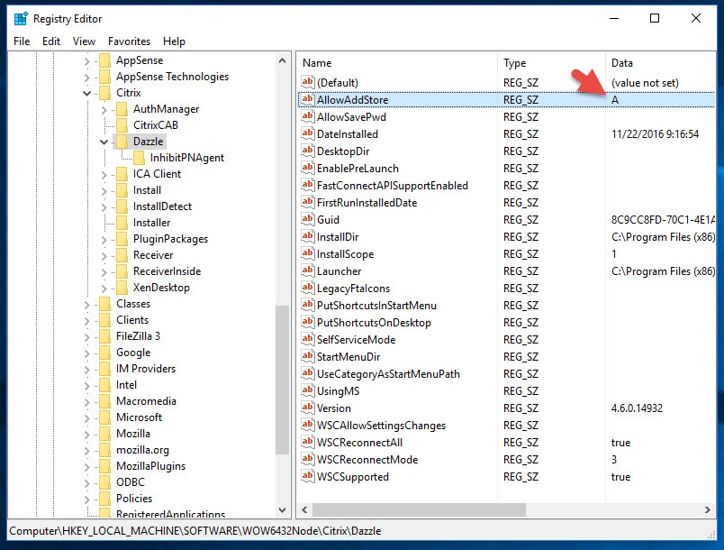 Registry Editor at HKLM\SOFTWARE\WOW6432Node\Citrix\Dazzle showing AllowAddStore now set to A