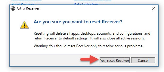 Citrix Receiver prompt "Are you sure you want to reset Receiver?" with "Yes, reset Receiver" highlighted