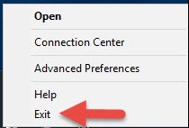 Citrix Receiver system tray menu with Exit highlighted