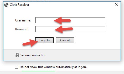 Citrix Receiver logon prompt with User name and Password fields and the Log On button highlighted
