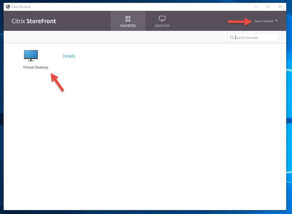 Citrix Receiver showing the StoreFront Favorites tab with a Virtual Desktop enumerated for the signed-in user