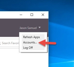 Citrix Receiver user menu open with Accounts highlighted