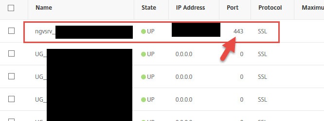 NetScaler Gateway virtual server list with the ngvsrv gateway UP on port 443 over SSL highlighted