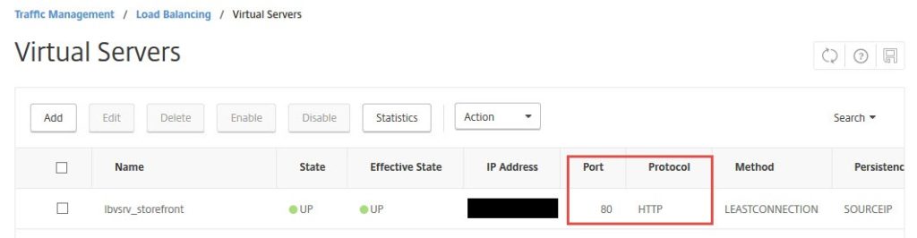 NetScaler load balancing virtual server lbvsrv_storefront UP on port 80 using HTTP