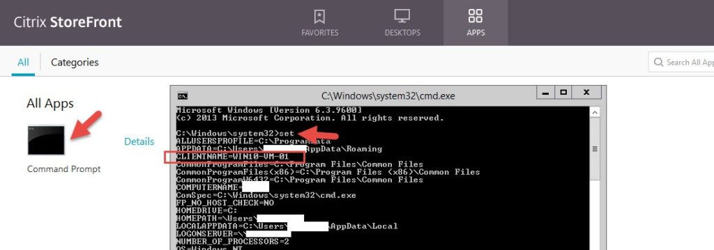 Command Prompt launched from Citrix StoreFront, where the set command shows CLIENTNAME=WIN10-VM-01
