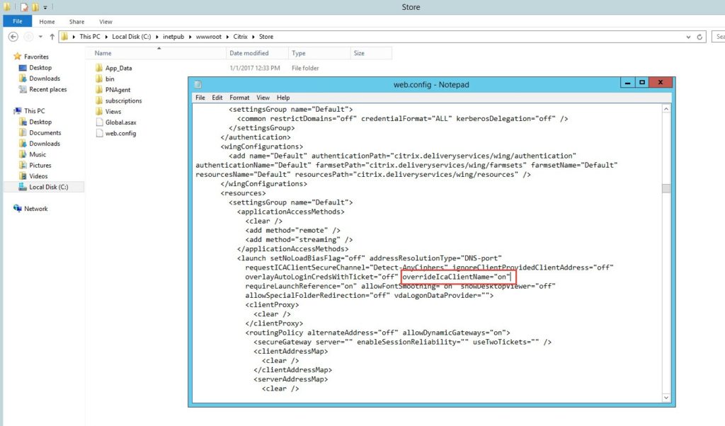 web.config launch settings with overrideIcaClientName switched to on