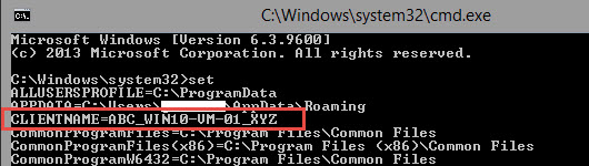 Receiver for Windows session showing CLIENTNAME=ABC_WIN10-VM-01_XYZ after the rewrite