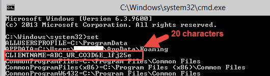 Web browser session showing CLIENTNAME=ABC_WR_ plus the generated ID, truncated at 20 characters with no suffix
