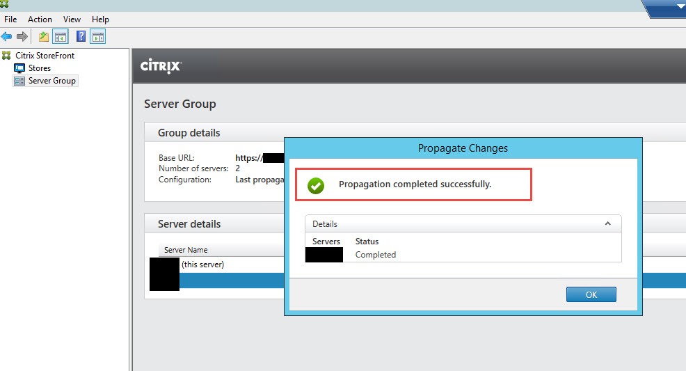StoreFront Server Group Propagate Changes dialog reporting propagation completed successfully