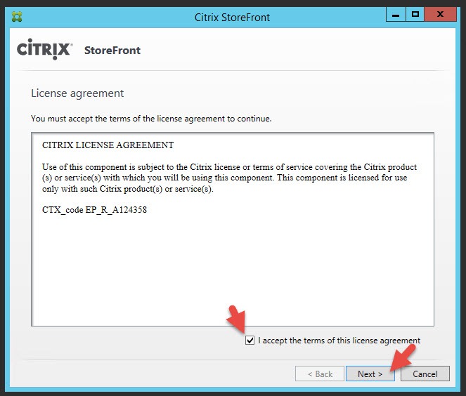 Citrix StoreFront installer license agreement step with the accept checkbox and Next button marked
