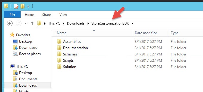 Unzipped StoreCustomizationSDK folder with Assemblies, Documentation, Schemas, Scripts and Solution subfolders