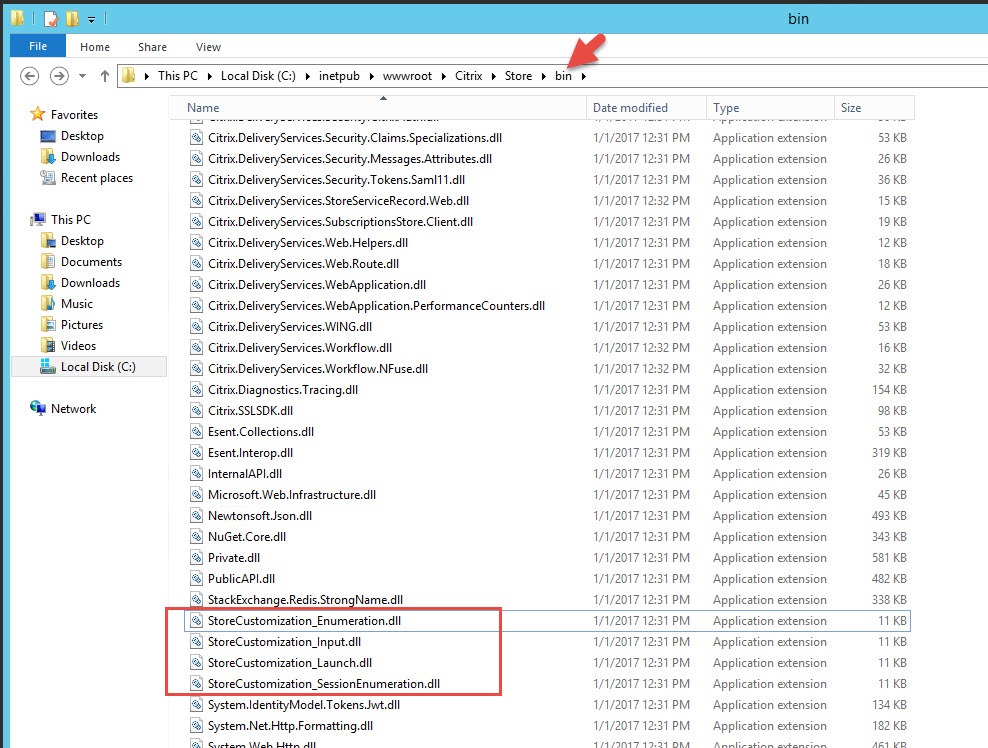 StoreFront Store bin folder with the four 11 KB StoreCustomization placeholder DLL files highlighted