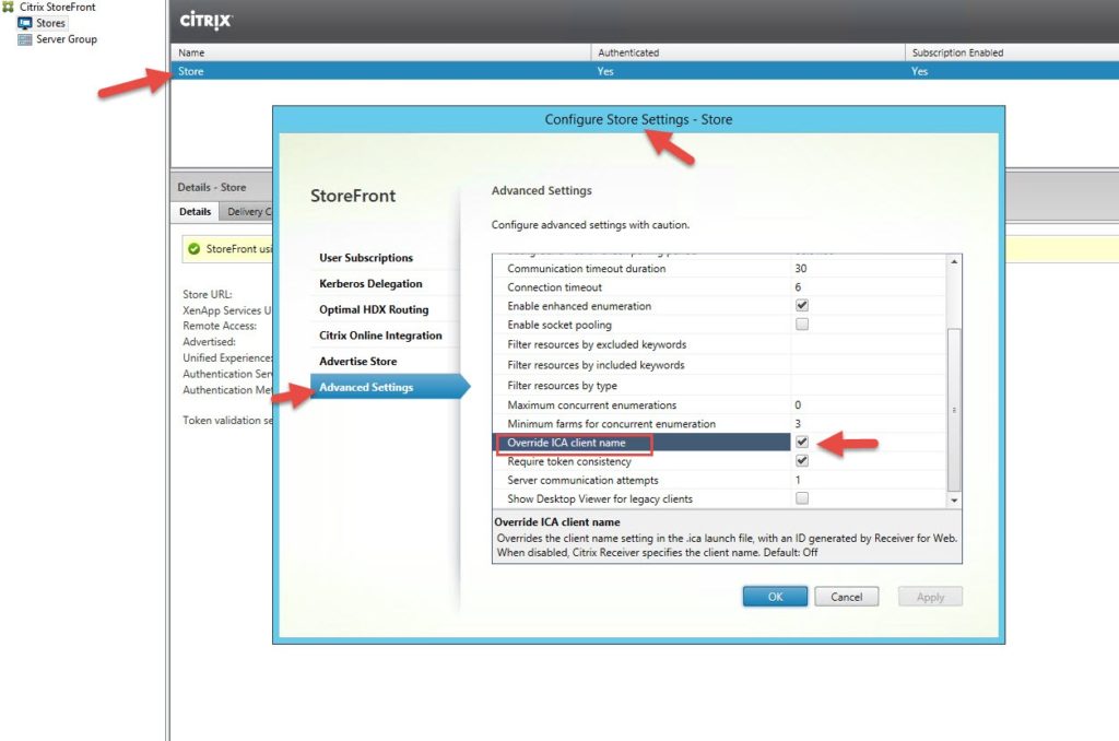 StoreFront Configure Store Settings, Advanced Settings, with Override ICA client name checked