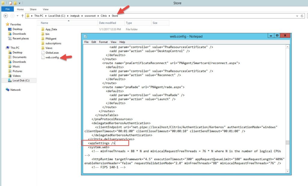 StoreFront Store web.config open in Notepad with the empty <appSettings /> element highlighted