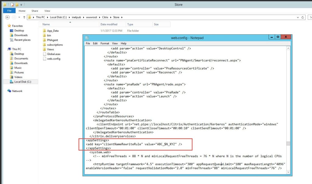 web.config appSettings with clientNameRewriteRule set to ABC_$N_XYZ
