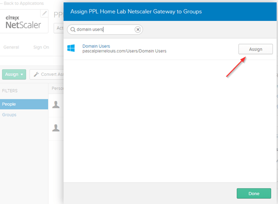 Okta dialog assigning the NetScaler Gateway app to the Domain Users AD group