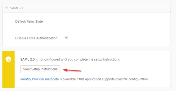 Okta SAML 2.0 sign-on section with the View Setup Instructions button marked