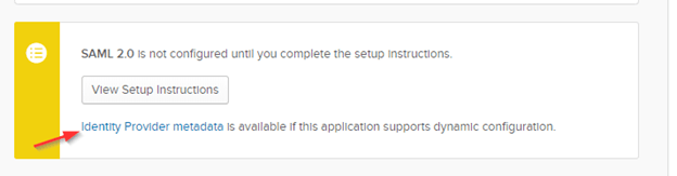 Okta SAML 2.0 section with the Identity Provider metadata link marked