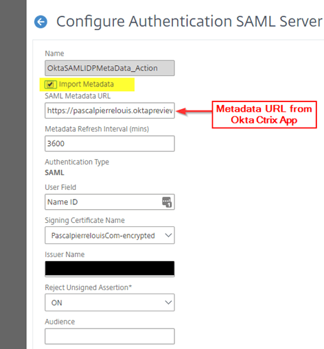NetScaler Configure Authentication SAML Server with Import Metadata checked and the Okta metadata URL entered