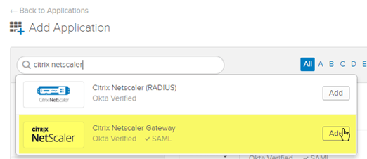 Okta Add Application search with the Citrix NetScaler Gateway SAML app highlighted