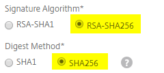 NetScaler SAML Server with Signature Algorithm set to RSA-SHA256 and Digest Method set to SHA256
