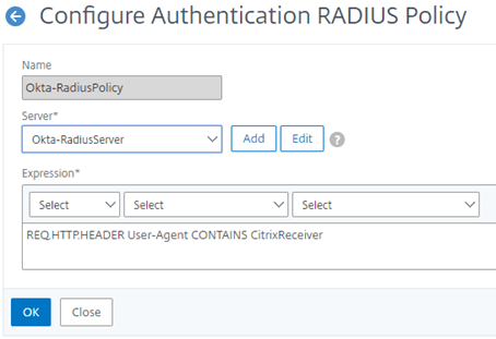 NetScaler Okta-RadiusPolicy using Okta-RadiusServer with the expression REQ.HTTP.HEADER User-Agent CONTAINS CitrixReceiver