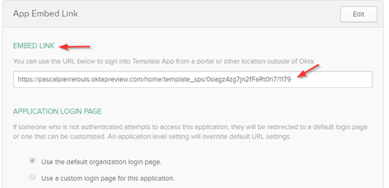 Okta SWA Template App General tab showing the App Embed Link URL to copy