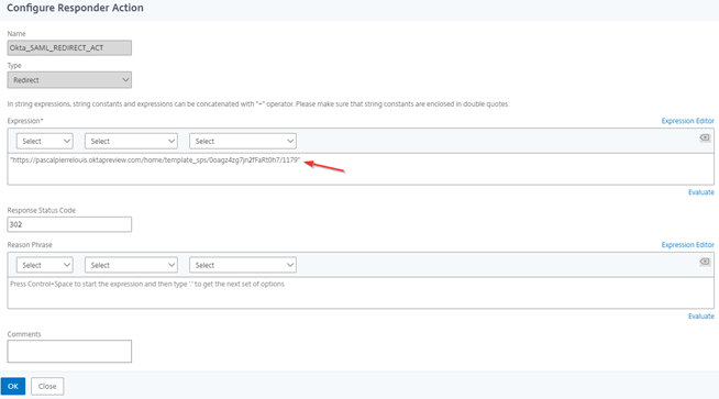NetScaler Configure Responder Action of type Redirect, with the Okta SWA embed link in quotes as the expression