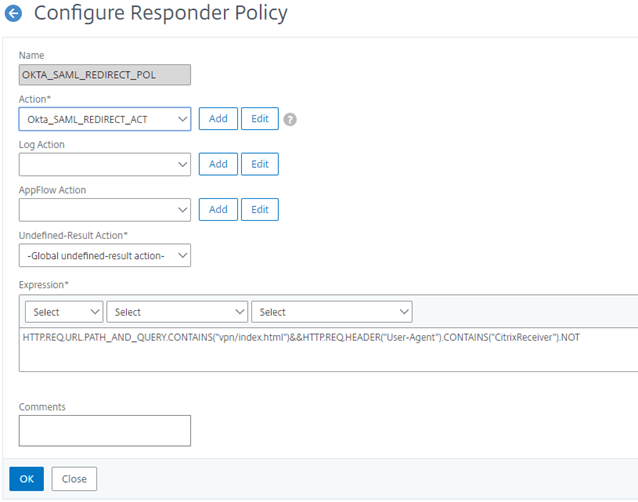 NetScaler OKTA_SAML_REDIRECT_POL responder policy matching vpn/index.html for non-CitrixReceiver user agents