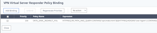 NetScaler VPN virtual server responder policy binding showing OKTA_SAML_REDIRECT_POL at priority 100