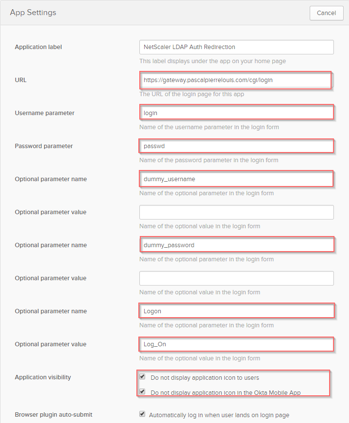 Okta Template App posting login and passwd to the gateway's /cgi/login page, with dummy fields and the app icon hidden