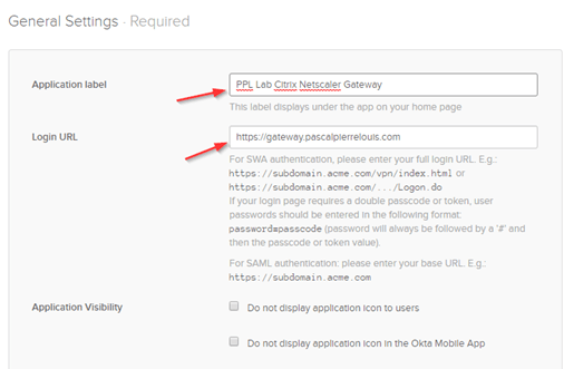 Okta NetScaler Gateway app General Settings with the Application label and Login URL fields filled in