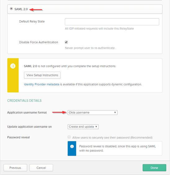 Okta NetScaler Gateway app sign-on settings with SAML 2.0 selected and Application username format set to Okta username