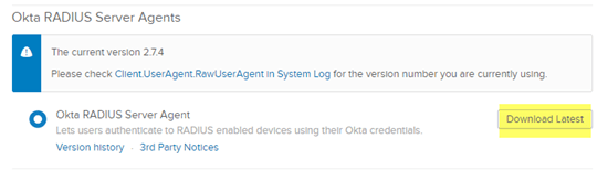 Okta Downloads page with the Download Latest button for the Okta RADIUS Server Agent highlighted