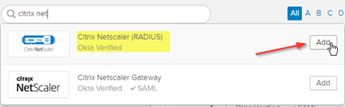 Okta Add Application search with the Citrix NetScaler (RADIUS) app highlighted