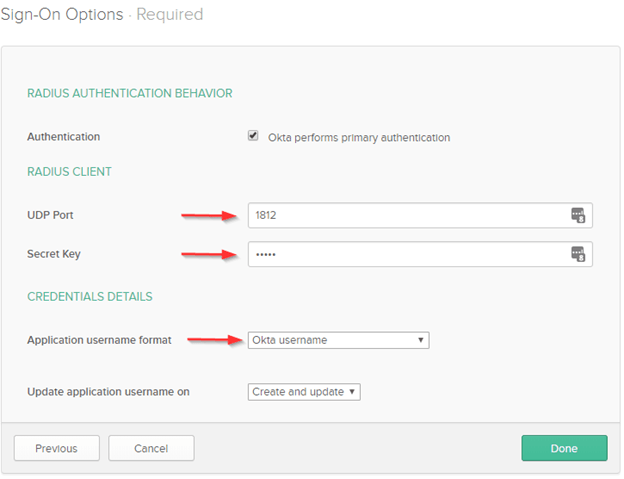 Okta NetScaler RADIUS app sign-on options with UDP port 1812, the secret key, and Okta username as the username format