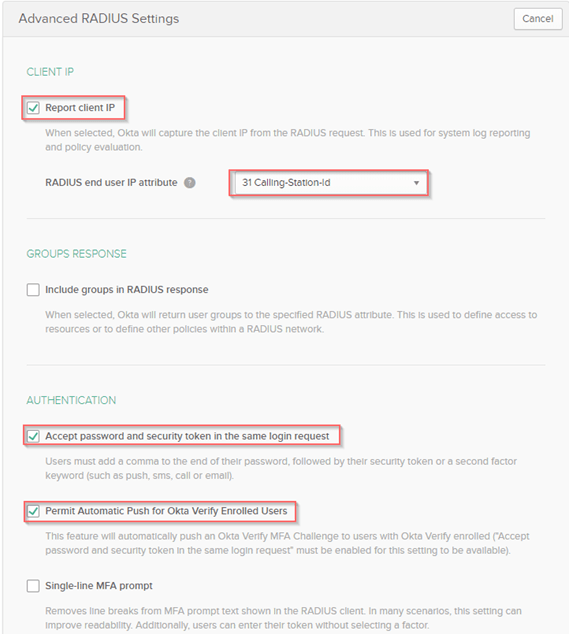 Okta Advanced RADIUS Settings with Report client IP, password plus token in one request, and Okta Verify auto-push enabled