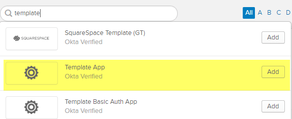 Okta Add Application search for template with Template App highlighted