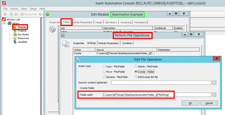 Automation Example Create Folder task with path C:\users\$[TheUser]\Desktop\AutomationFolder_$[TheString]