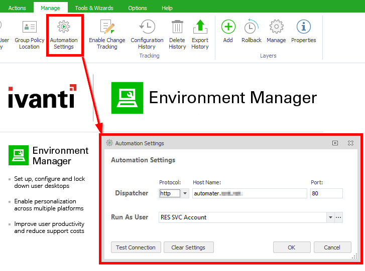 Environment Manager Automation Settings pointing to the dispatcher over HTTP port 80 with the RES SVC Account