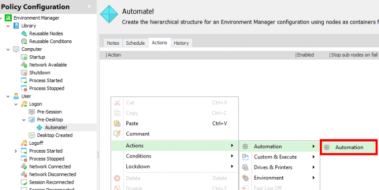 Environment Manager Pre-Desktop node context menu with Actions > Automation > Automation selected